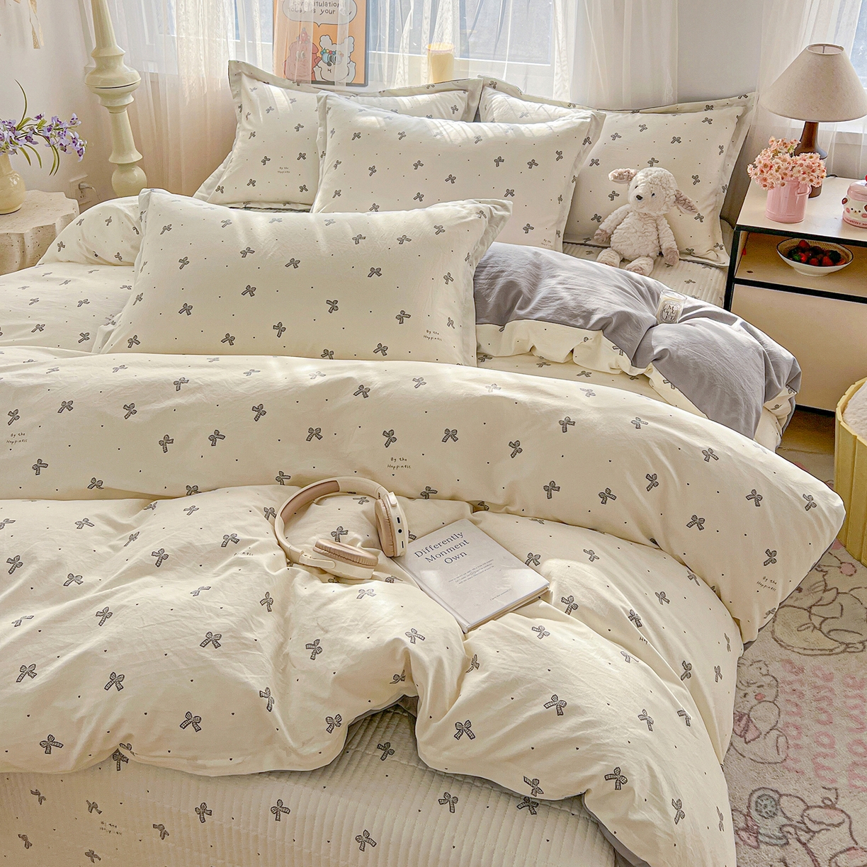 91家纺网 家纺一手货源 找家纺 一比一家纺 2026新款亲肤舒适仿棉印花床盖四件套 梦幻灰