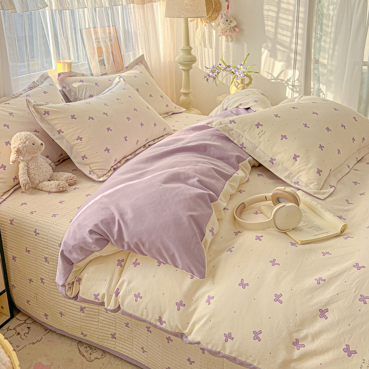 91家纺网 家纺一手货源 找家纺 一比一家纺 2026新款亲肤舒适仿棉印花床盖四件套 梦幻紫