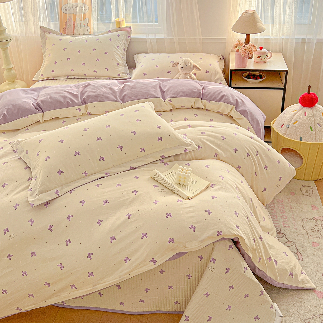 91家纺网 家纺一手货源 找家纺 一比一家纺 2026新款亲肤舒适仿棉印花床盖四件套 梦幻紫