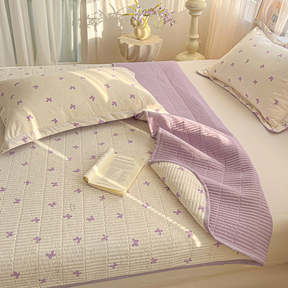 91家纺网 家纺一手货源 找家纺 一比一家纺 2026新款亲肤舒适仿棉印花床盖四件套 梦幻紫