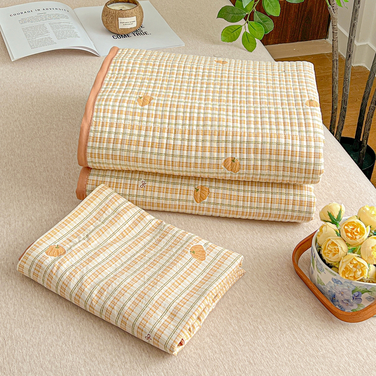 91家纺网 家纺一手货源 找家纺 一比一家纺 2026新款亲肤舒适仿棉印花床盖四件套 南瓜季