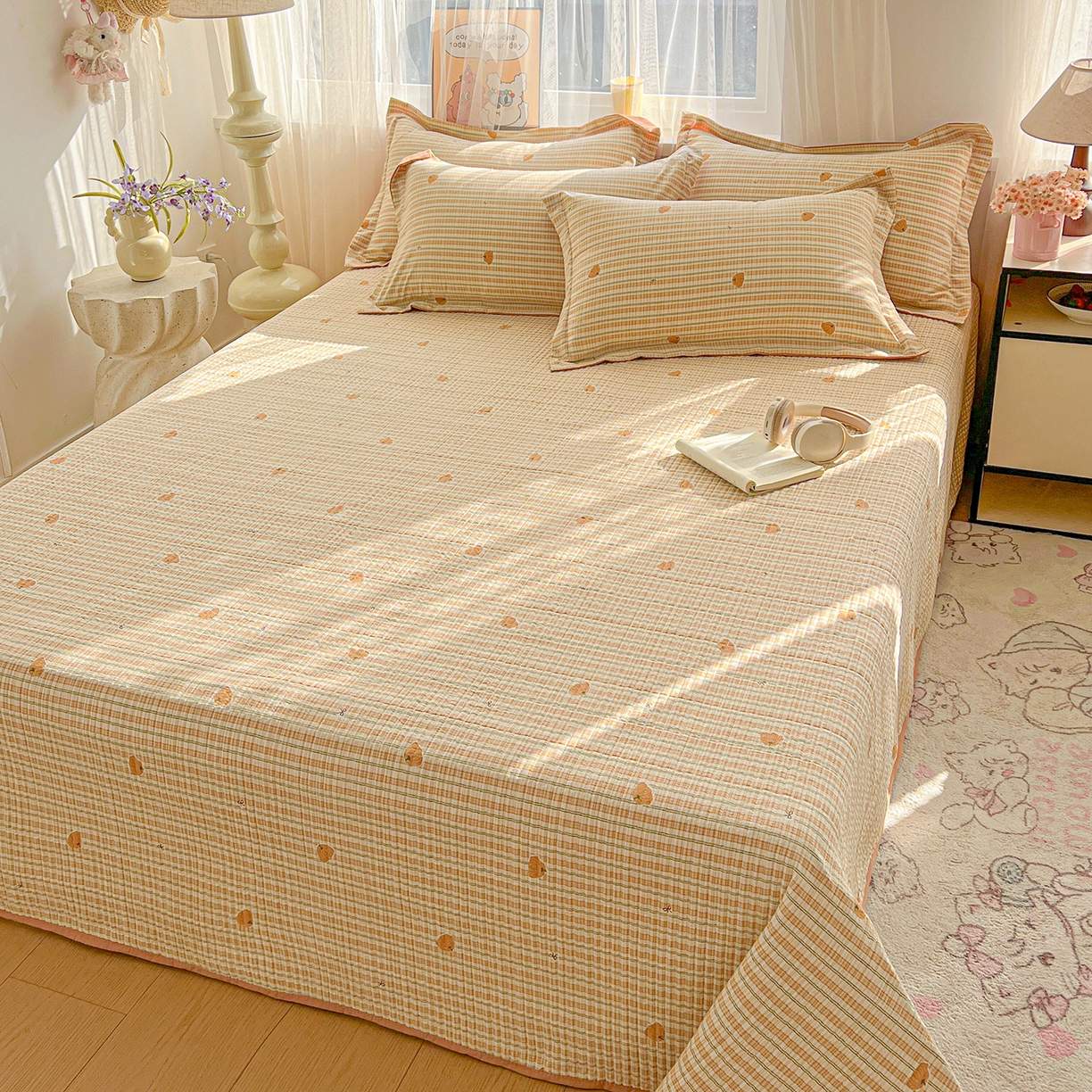 91家纺网 家纺一手货源 找家纺 一比一家纺 2026新款亲肤舒适仿棉印花床盖四件套 南瓜季