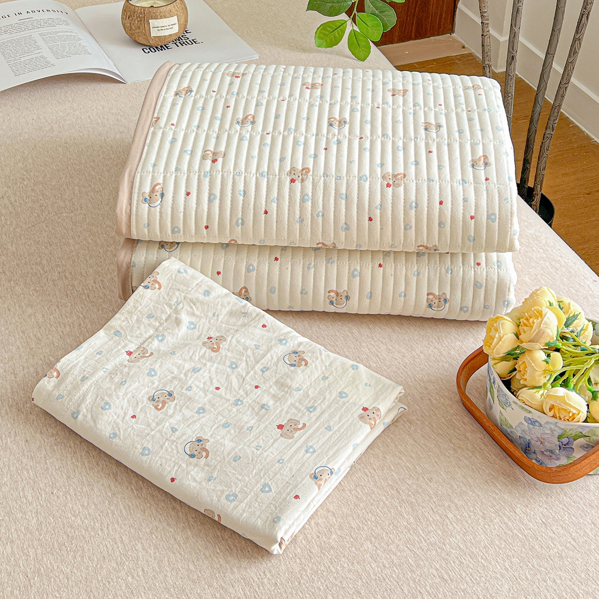 91家纺网 家纺一手货源 找家纺 一比一家纺 2026新款亲肤舒适仿棉印花床盖四件套 泡芙小象