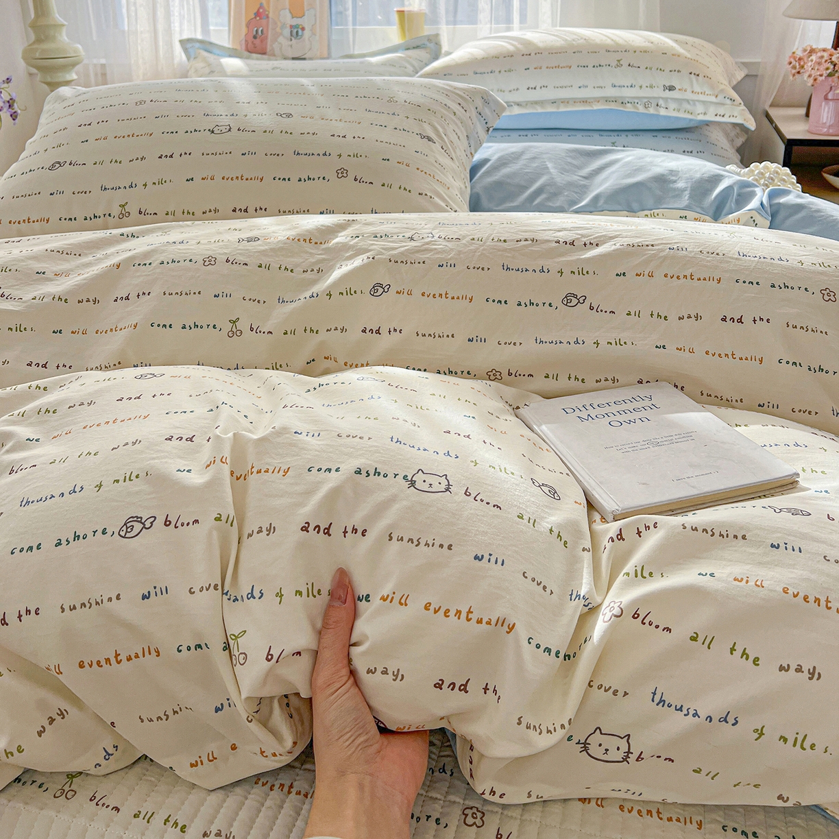 一比一家纺 2026新款亲肤舒适仿棉印花床盖四件套 甜心喵