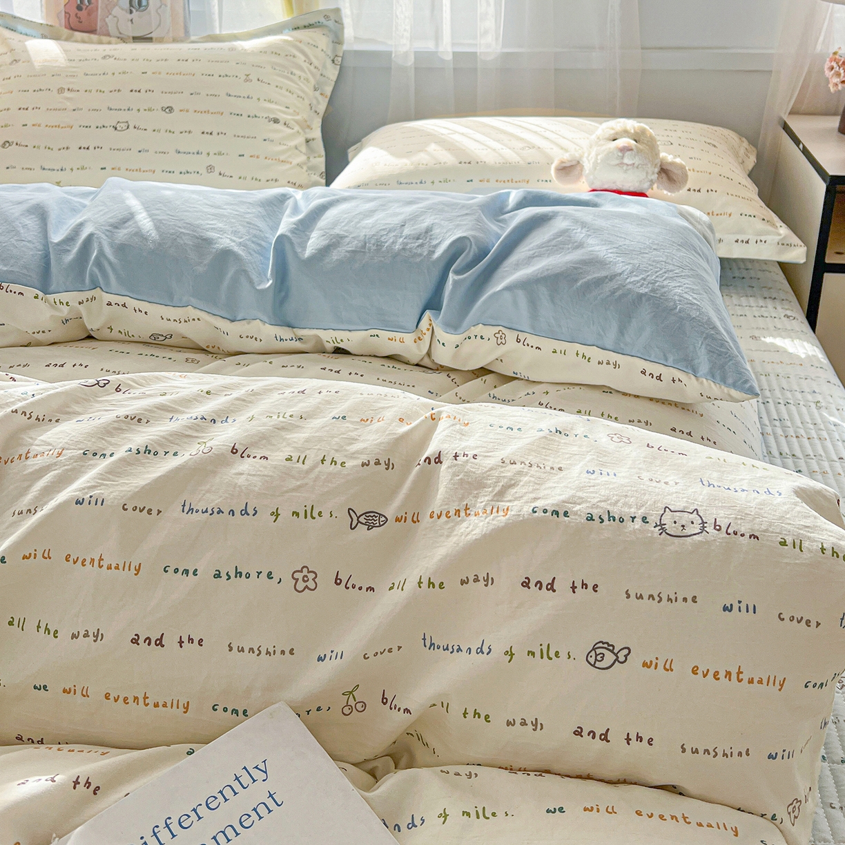 91家纺网 家纺一手货源 找家纺 一比一家纺 2026新款亲肤舒适仿棉印花床盖四件套 甜心喵