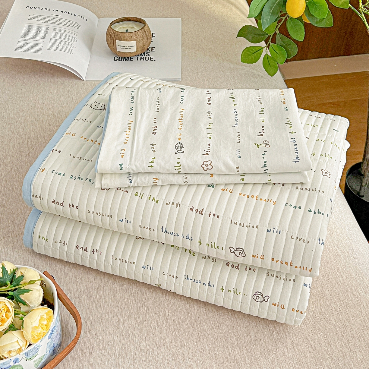 91家纺网 家纺一手货源 找家纺 一比一家纺 2026新款亲肤舒适仿棉印花床盖四件套 甜心喵