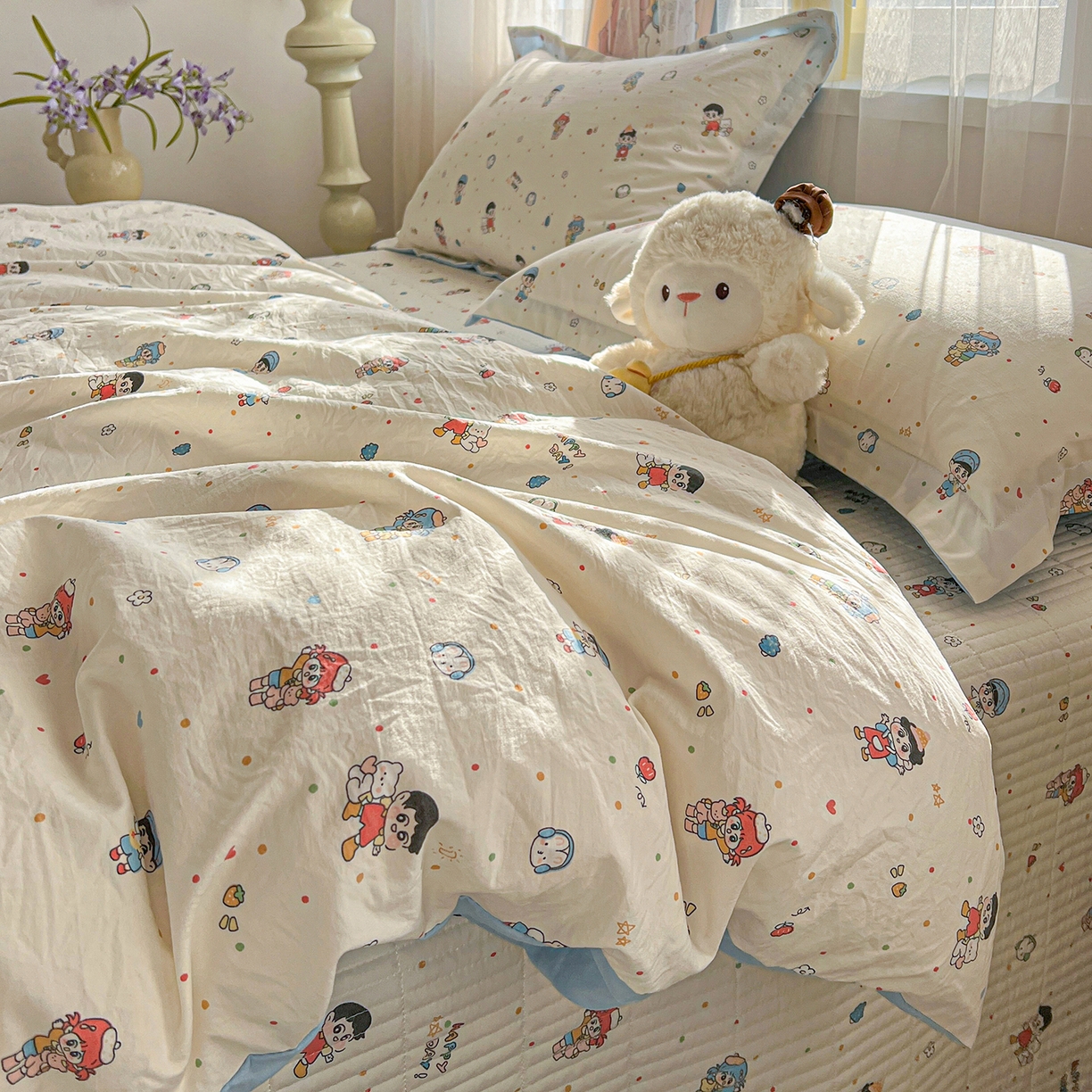 91家纺网 家纺一手货源 找家纺 一比一家纺 2026新款亲肤舒适仿棉印花床盖四件套 童趣