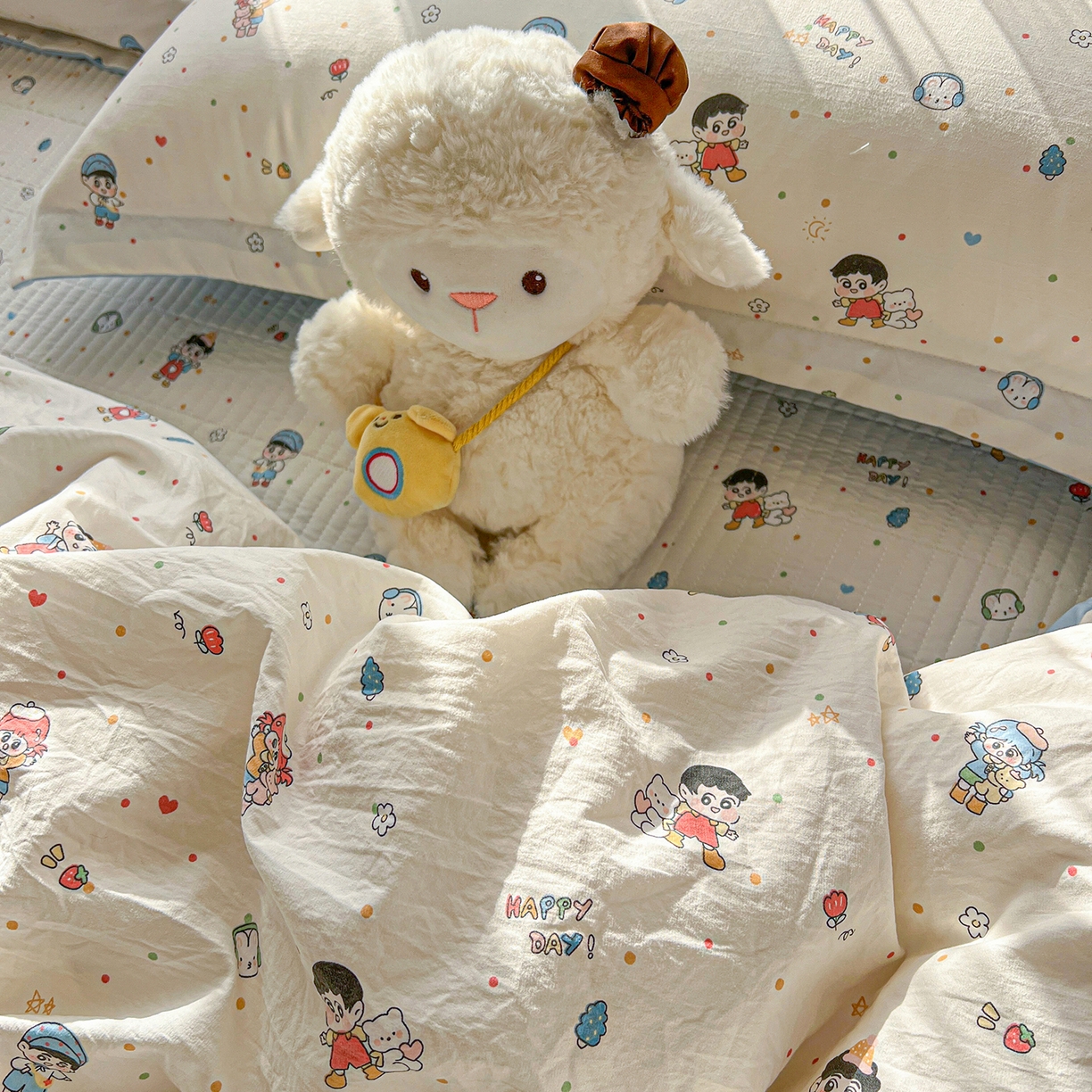 91家纺网 家纺一手货源 找家纺 一比一家纺 2026新款亲肤舒适仿棉印花床盖四件套 童趣