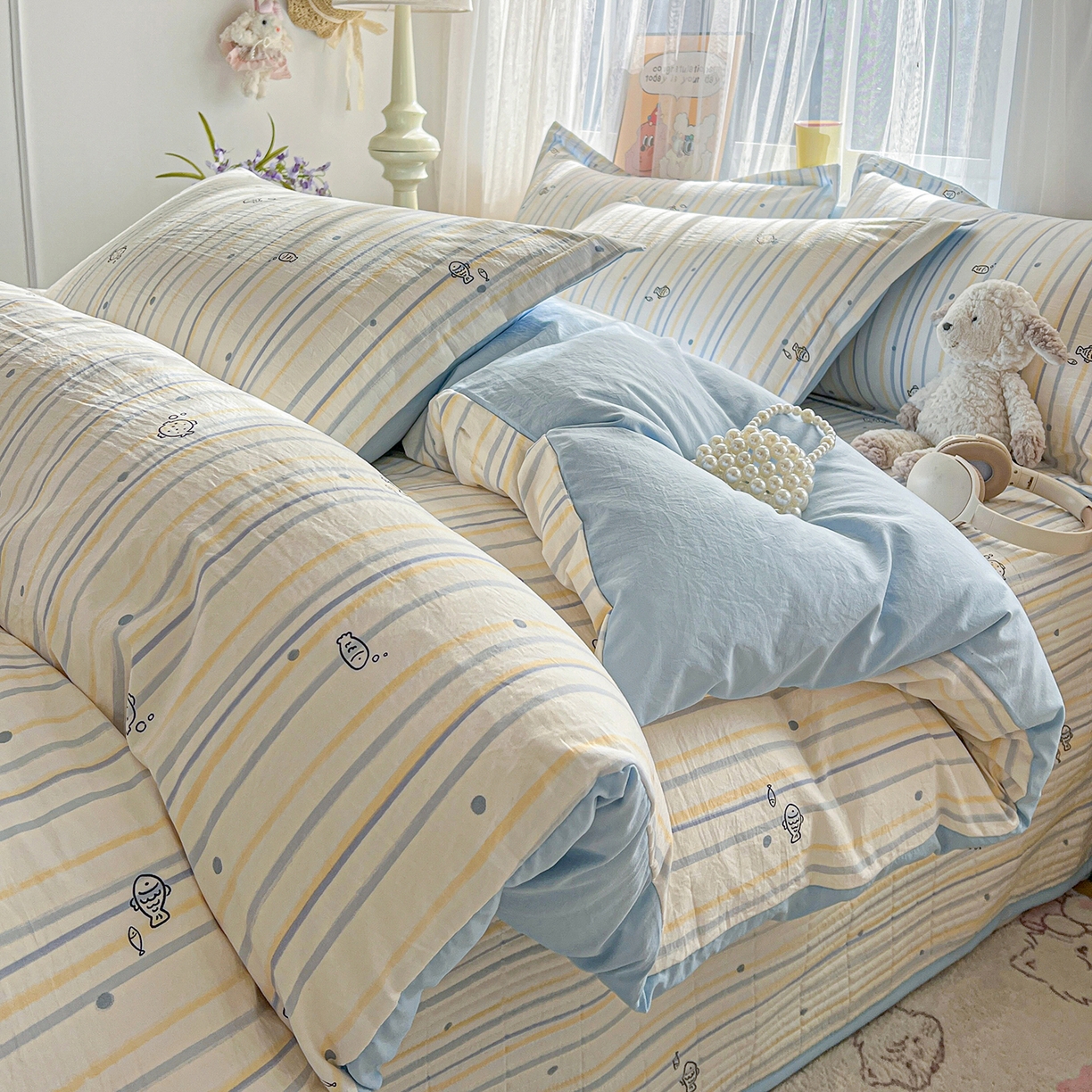 91家纺网 家纺一手货源 找家纺 一比一家纺 2026新款亲肤舒适仿棉印花床盖四件套 鱼多多