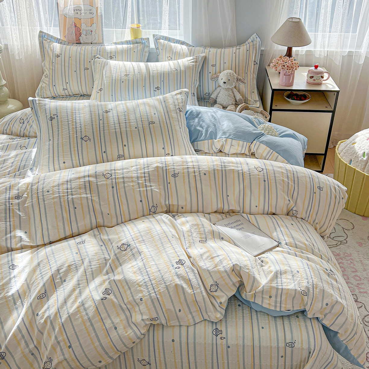 91家纺网 家纺一手货源 找家纺 一比一家纺 2026新款亲肤舒适仿棉印花床盖四件套 鱼多多