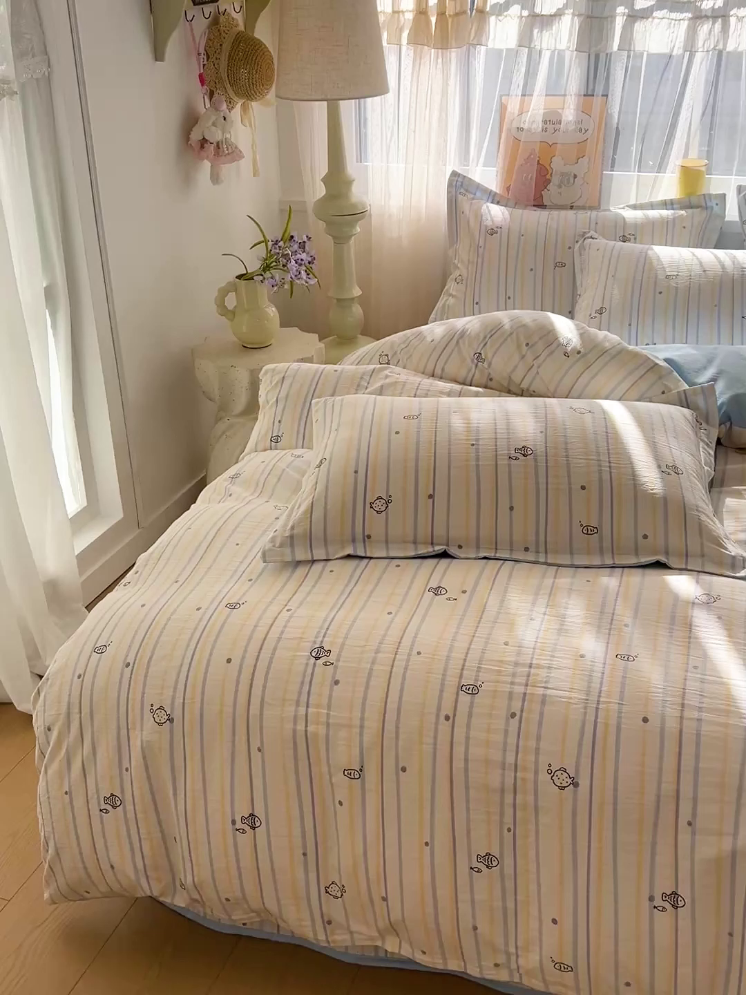 91家纺网 家纺一手货源 找家纺 一比一家纺 2026新款亲肤舒适仿棉印花床盖四件套 鱼多多