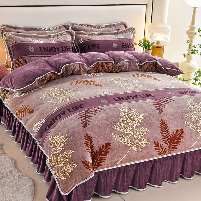  妮恒美 2025新款牛奶绒印花床裙款四件套法莱绒四件套珊瑚金貂绒四件套 紫气东来