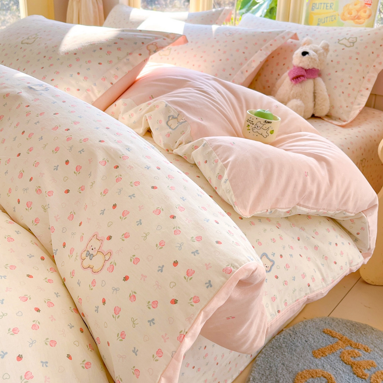 91家纺网 家纺一手货源 找家纺 莱通家纺 2026春夏新款全棉12868印花四件套单品系列-四件套 玫瑰小狗