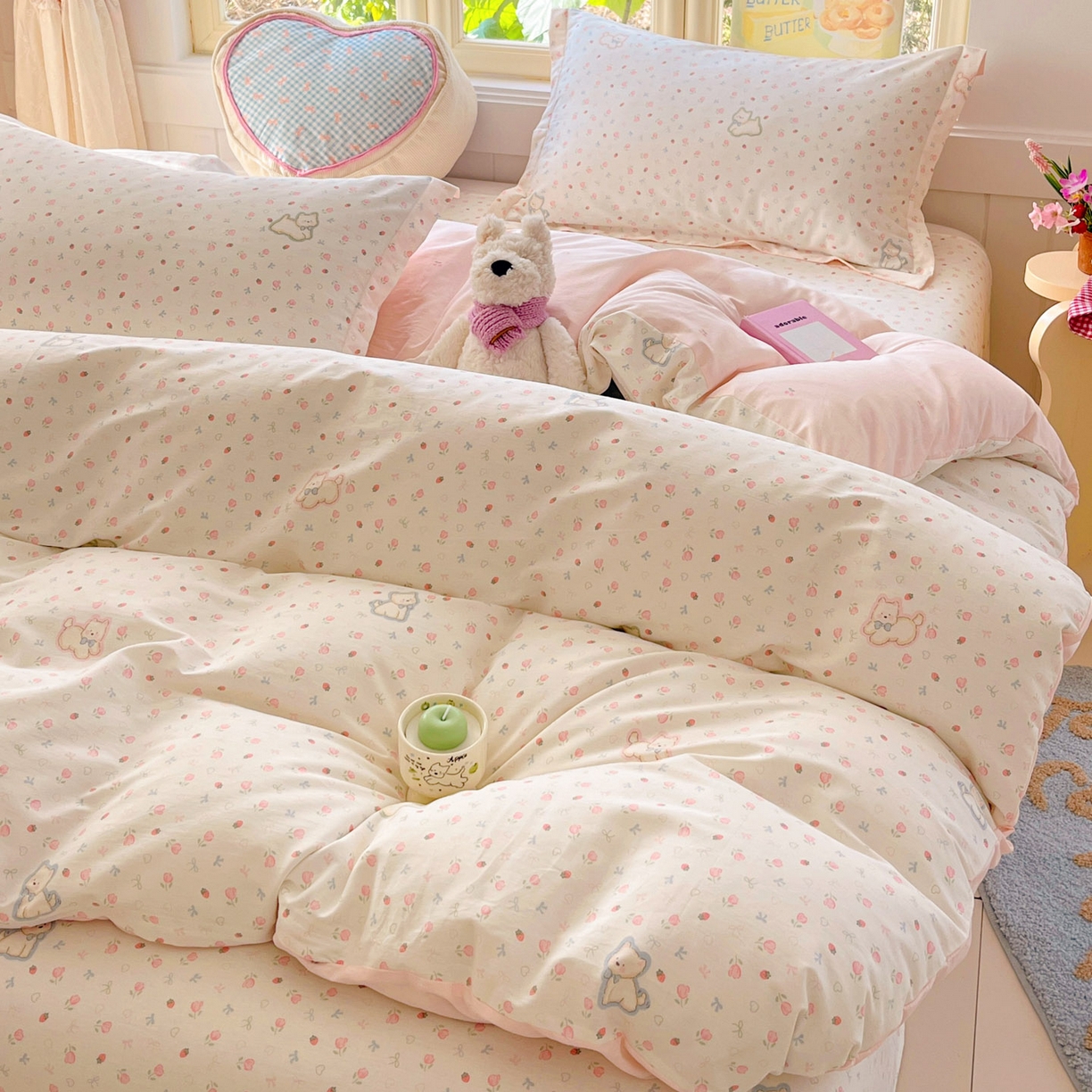 91家纺网 家纺一手货源 找家纺 莱通家纺 2026春夏新款全棉12868印花四件套单品系列-四件套 玫瑰小狗