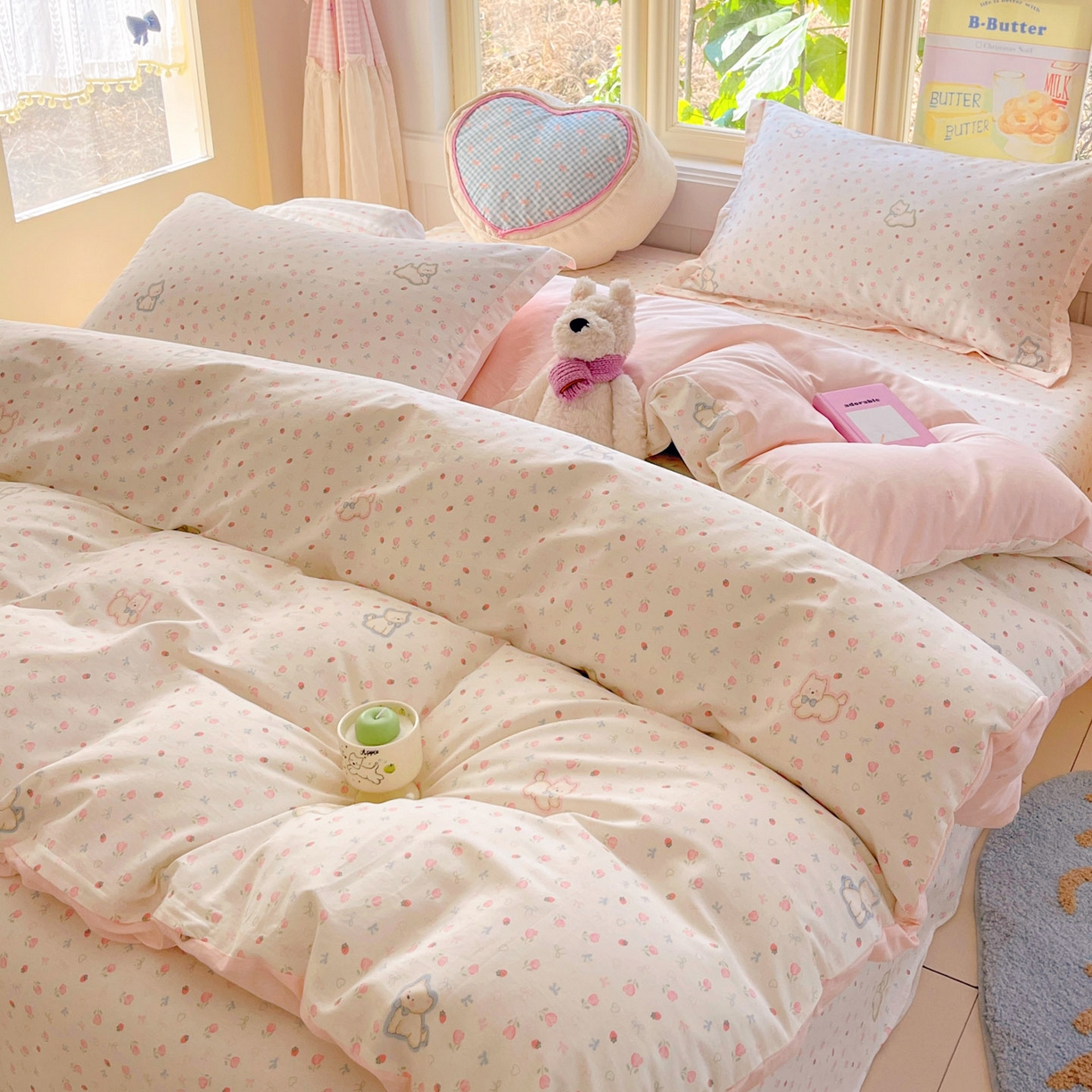 91家纺网 家纺一手货源 找家纺 莱通家纺 2026春夏新款全棉12868印花四件套单品系列-四件套 玫瑰小狗