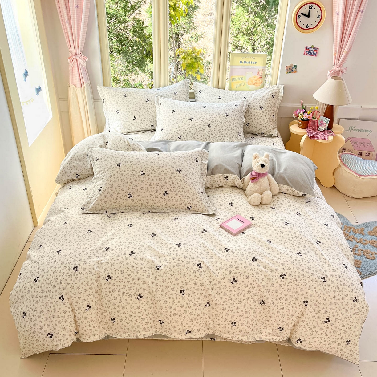 莱通家纺 2026春夏新款全棉12868印花四件套单品系列-四件套 墨兰樱桃