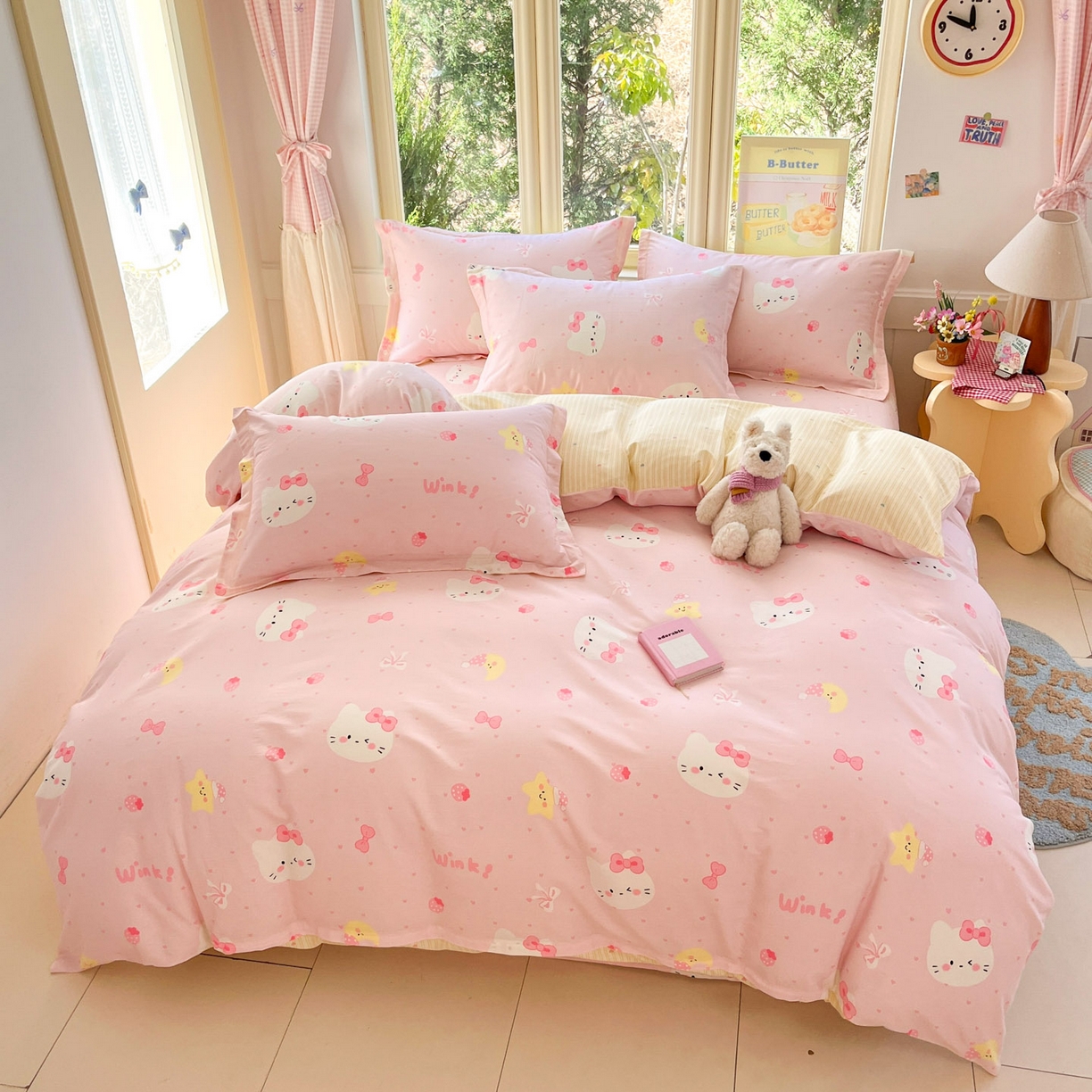 91家纺网 家纺一手货源 找家纺 莱通家纺 2026春夏新款全棉12868印花四件套单品系列-四件套 奶油凯蒂