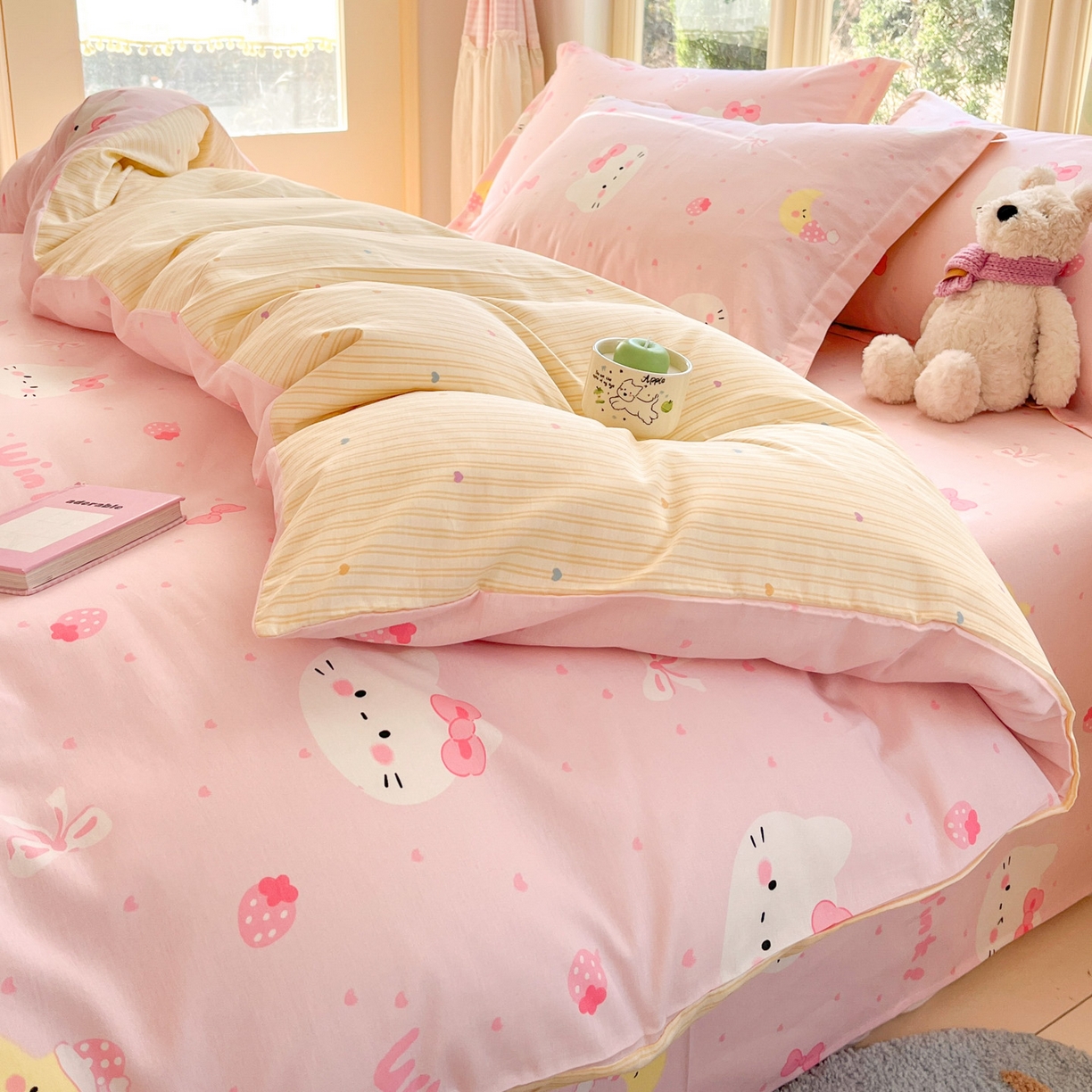 91家纺网 家纺一手货源 找家纺 莱通家纺 2026春夏新款全棉12868印花四件套单品系列-四件套 奶油凯蒂