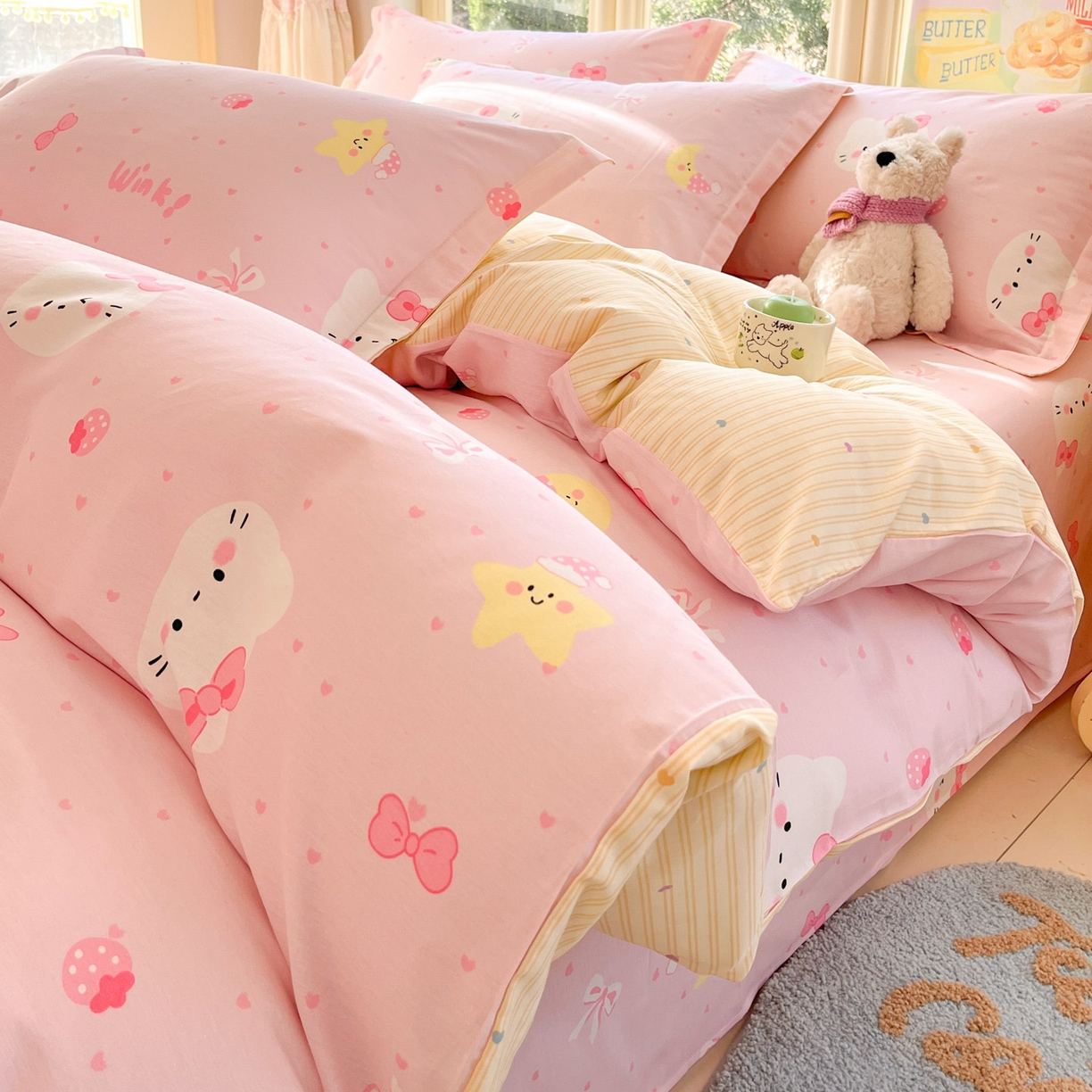 91家纺网 家纺一手货源 找家纺 莱通家纺 2026春夏新款全棉12868印花四件套单品系列-四件套 奶油凯蒂