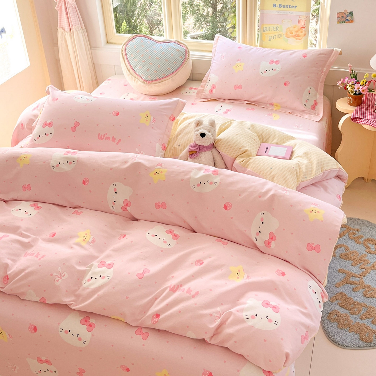 91家纺网 家纺一手货源 找家纺 莱通家纺 2026春夏新款全棉12868印花四件套单品系列-四件套 奶油凯蒂