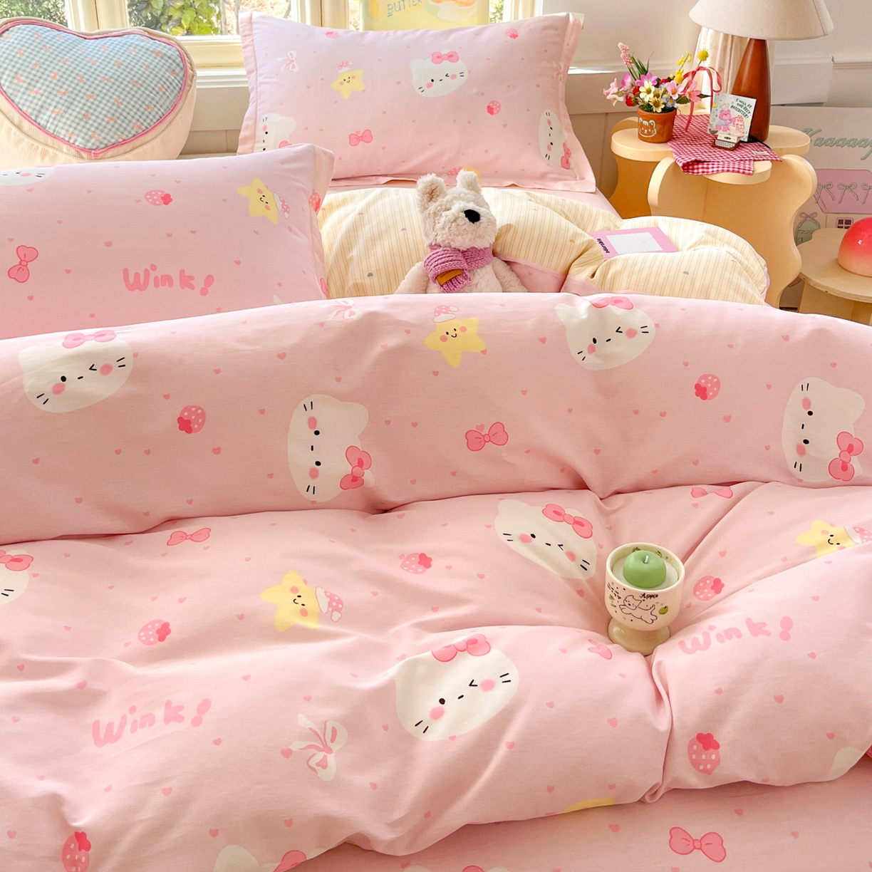 91家纺网 家纺一手货源 找家纺 莱通家纺 2026春夏新款全棉12868印花四件套单品系列-四件套 奶油凯蒂