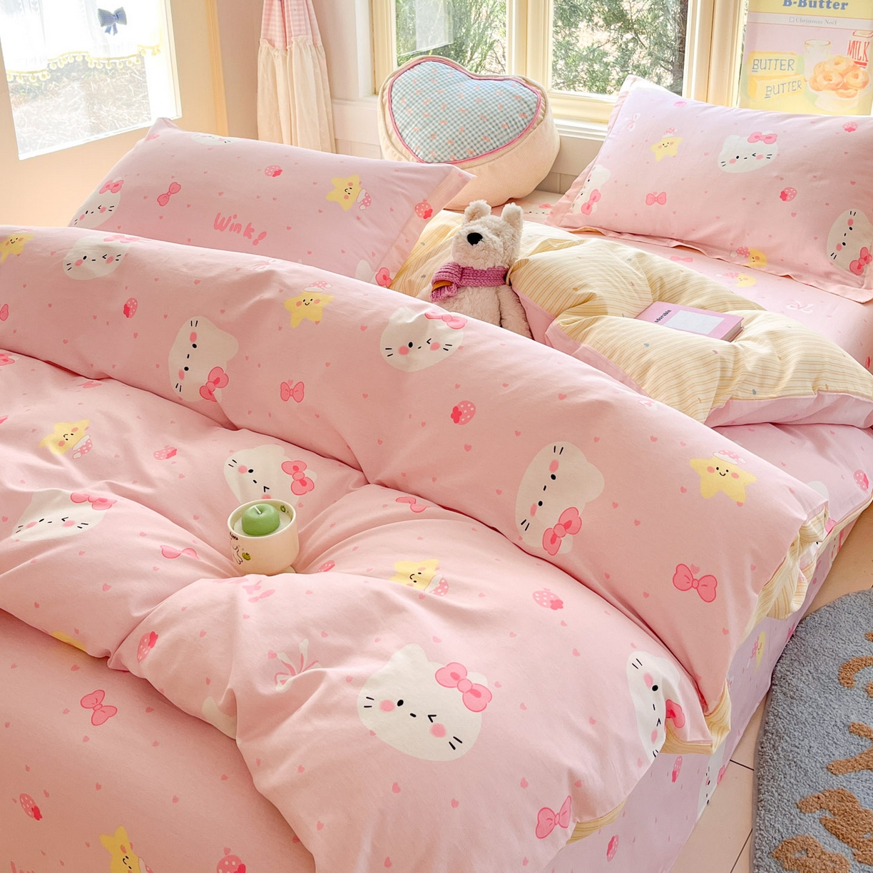 91家纺网 家纺一手货源 找家纺 莱通家纺 2026春夏新款全棉12868印花四件套单品系列-四件套 奶油凯蒂