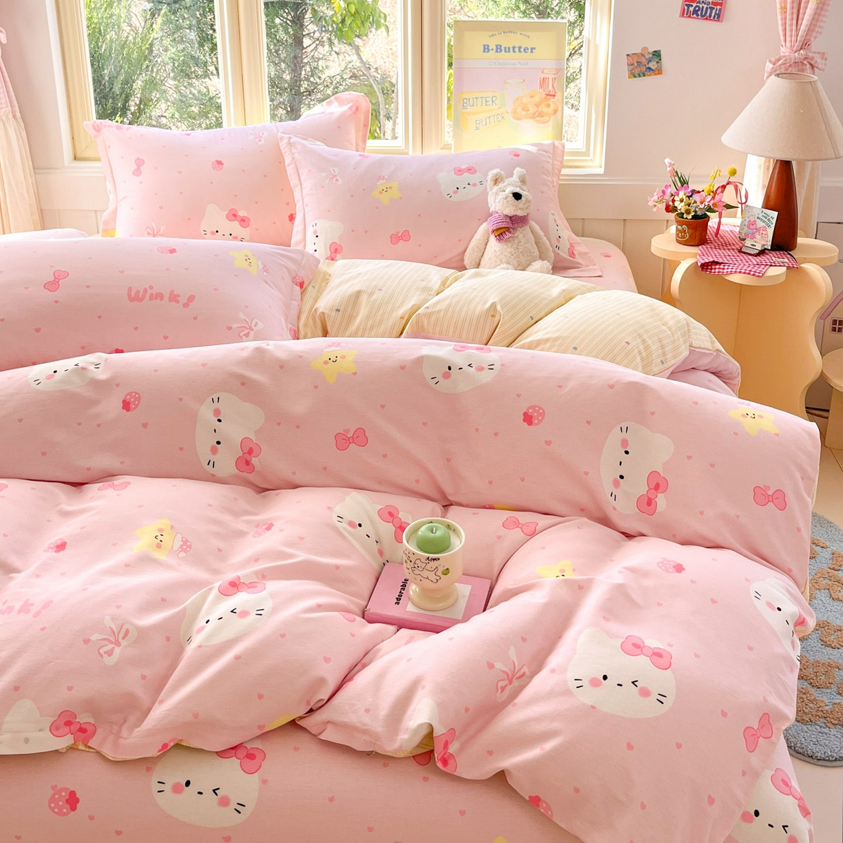 91家纺网 家纺一手货源 找家纺 莱通家纺 2026春夏新款全棉12868印花四件套单品系列-四件套 奶油凯蒂