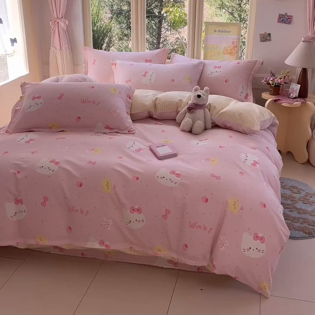 91家纺网 家纺一手货源 找家纺 莱通家纺 2026春夏新款全棉12868印花四件套单品系列-四件套 奶油凯蒂