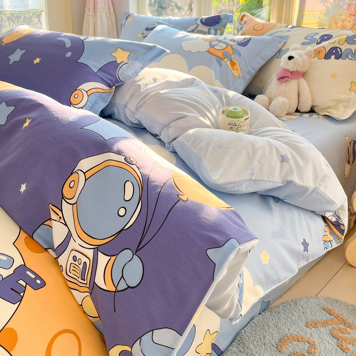 91家纺网 家纺一手货源 找家纺 莱通家纺 2026春夏新款全棉12868印花四件套单品系列-四件套 太空梦乐园