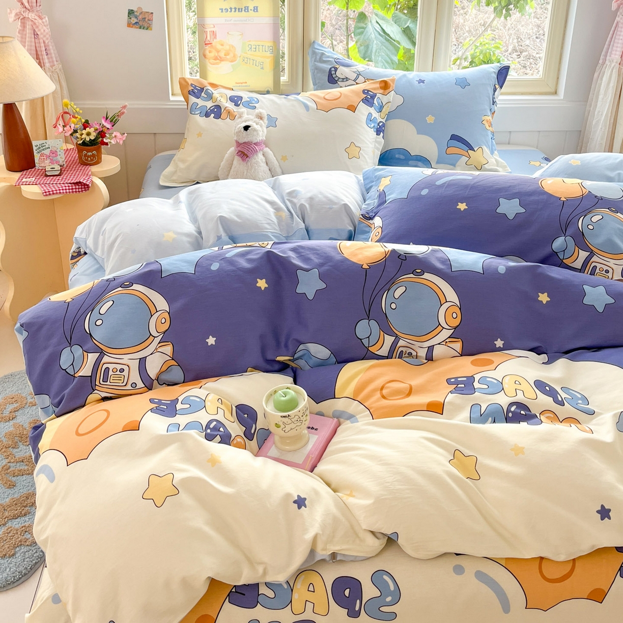 91家纺网 家纺一手货源 找家纺 莱通家纺 2026春夏新款全棉12868印花四件套单品系列-四件套 太空梦乐园