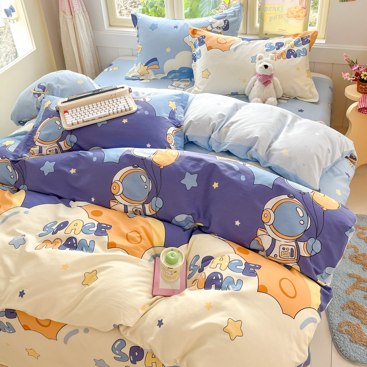 91家纺网 家纺一手货源 找家纺 莱通家纺 2026春夏新款全棉12868印花四件套单品系列-四件套 太空梦乐园