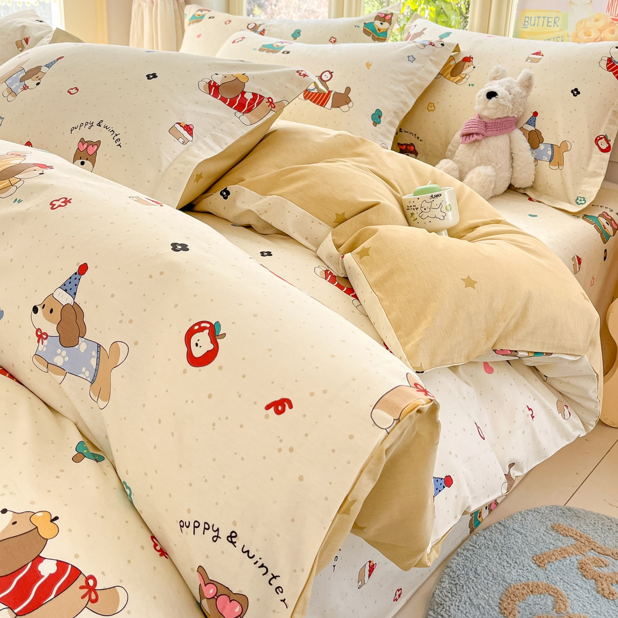 91家纺网 家纺一手货源 找家纺 莱通家纺 2026春夏新款全棉12868印花四件套单品系列-四件套 汪星卧室