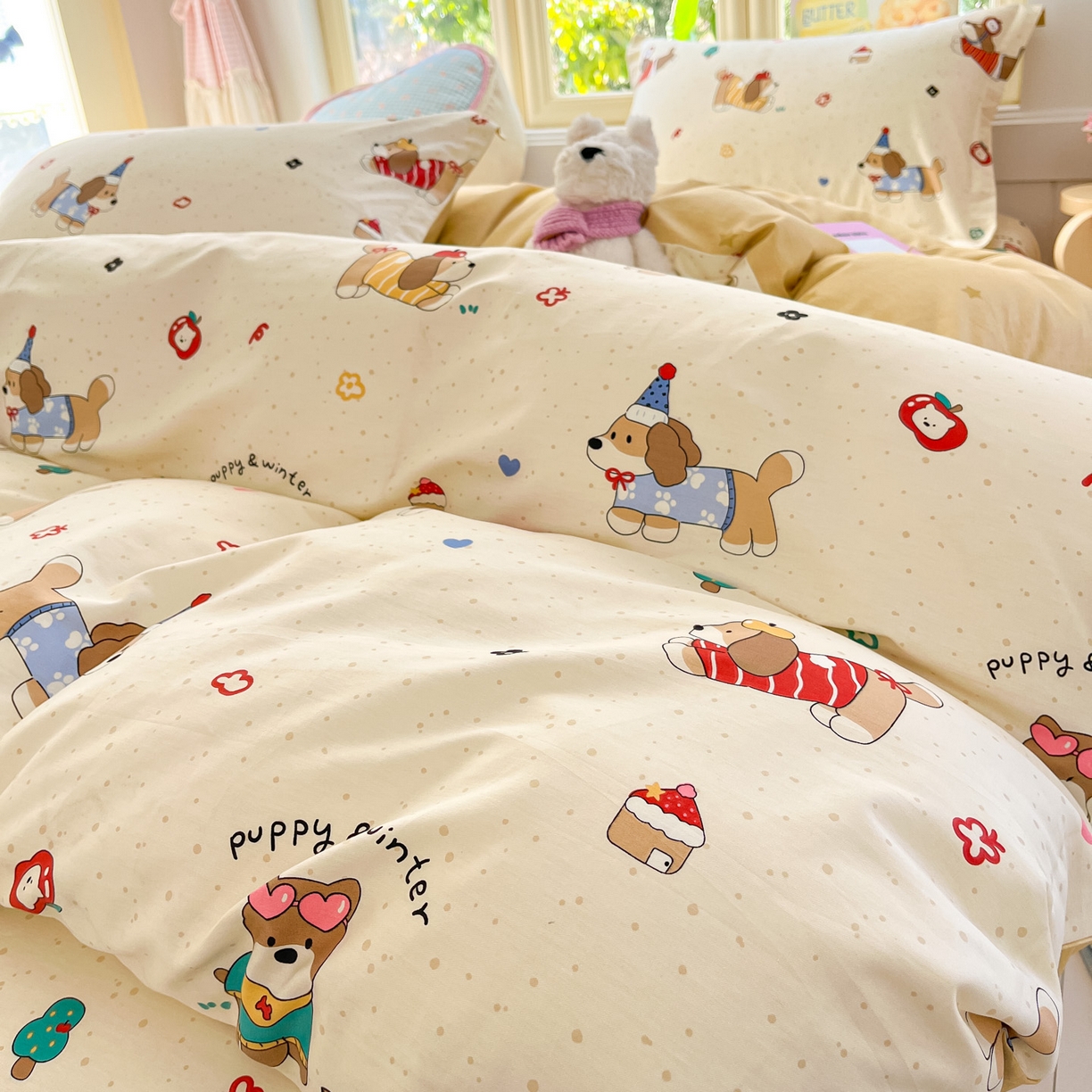 91家纺网 家纺一手货源 找家纺 莱通家纺 2026春夏新款全棉12868印花四件套单品系列-四件套 汪星卧室