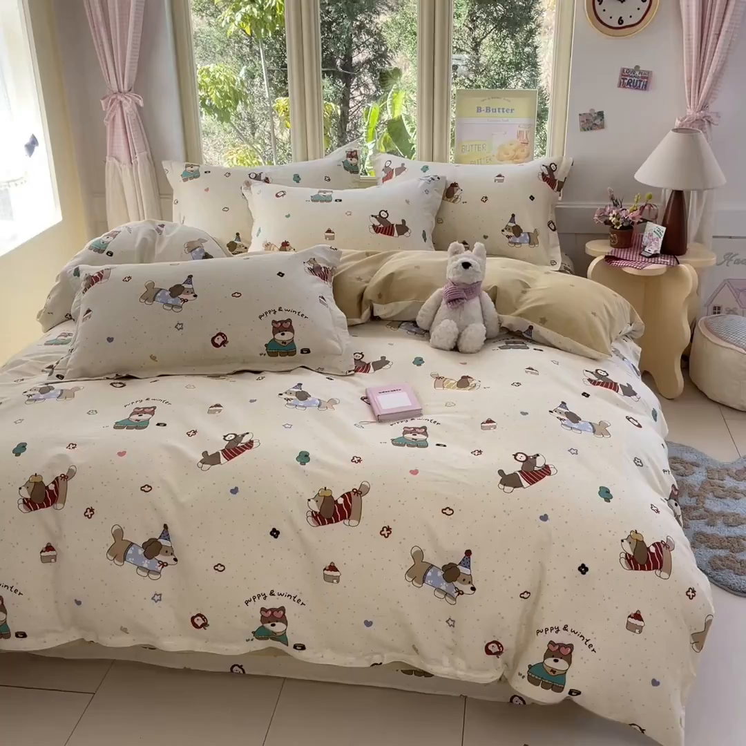 91家纺网 家纺一手货源 找家纺 莱通家纺 2026春夏新款全棉12868印花四件套单品系列-四件套 汪星卧室