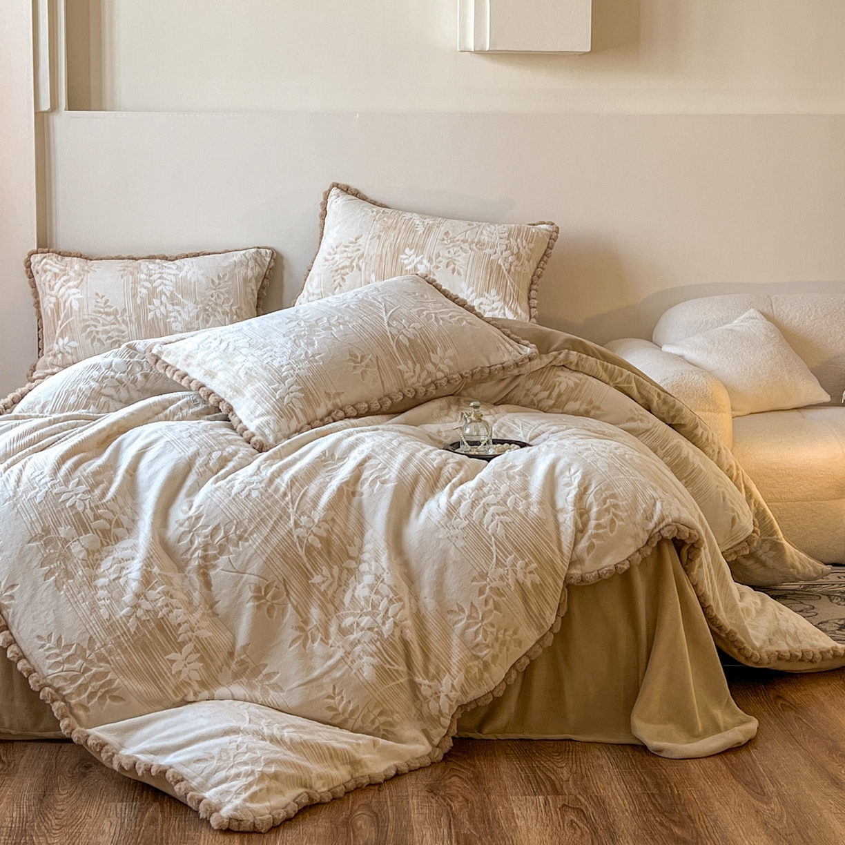 91家纺网 家纺一手货源 找家纺 梵克保罗 2025新款立体雕花绒球球四件套（提供买家秀） 罗曼蒂