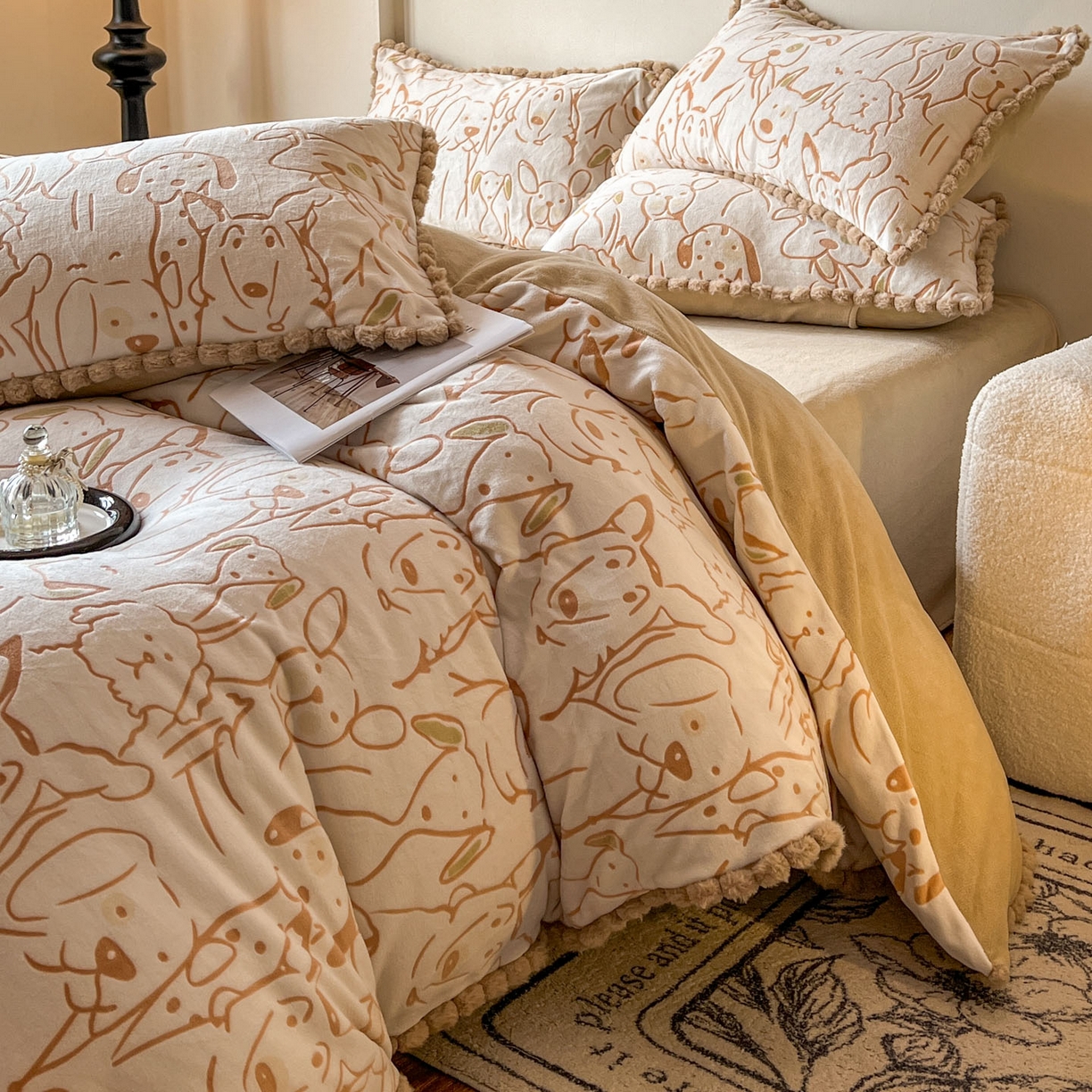 91家纺网 家纺一手货源 找家纺 梵克保罗 2025新款立体雕花绒球球四件套（提供买家秀） 狗狗乐园