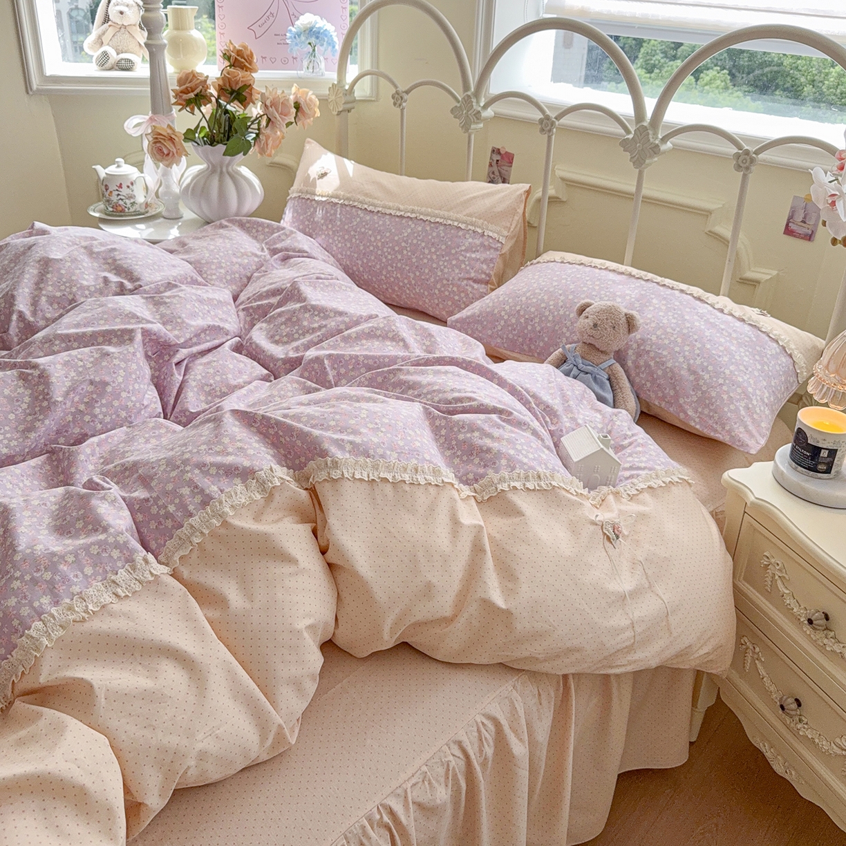 91家纺网 家纺一手货源 找家纺 安莱生活 2026年新品全棉纯棉小碎花刺绣花边款四件套-小碎花系列 花梦紫