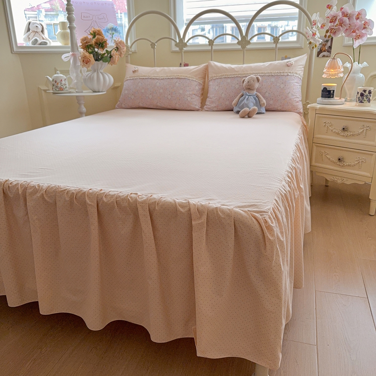 91家纺网 家纺一手货源 找家纺 安莱生活 2026年新品全棉纯棉小碎花刺绣花边款四件套-小碎花系列 凯特花园