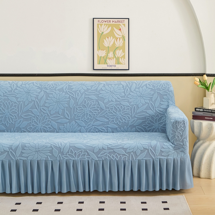 91家纺网 家纺一手货源 找家纺 （总）兴俪韵家纺 2025新款裙边款太阳花双扶手提花绒沙发套