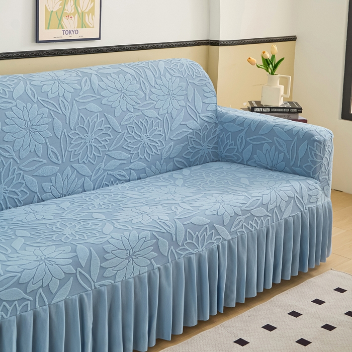 91家纺网 家纺一手货源 找家纺 （总）兴俪韵家纺 2025新款裙边款太阳花双扶手提花绒沙发套