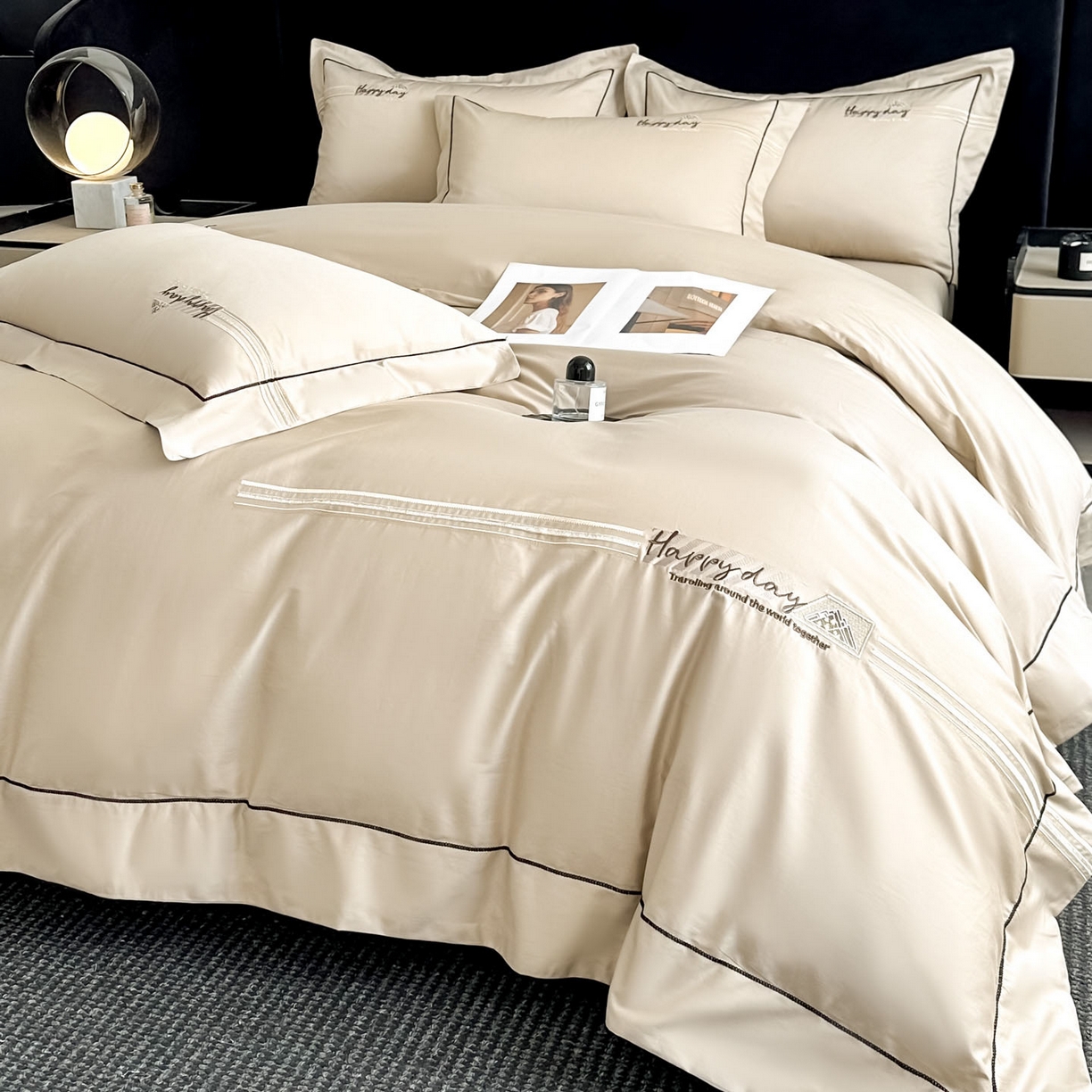 91家纺网 家纺一手货源 找家纺 新方向 2026新款刺绣全棉100s贡缎长绒棉四件套-亚瑟（严格控价.低于卖价.不给供货. 标准358元 加大378元） 亚瑟-香槟