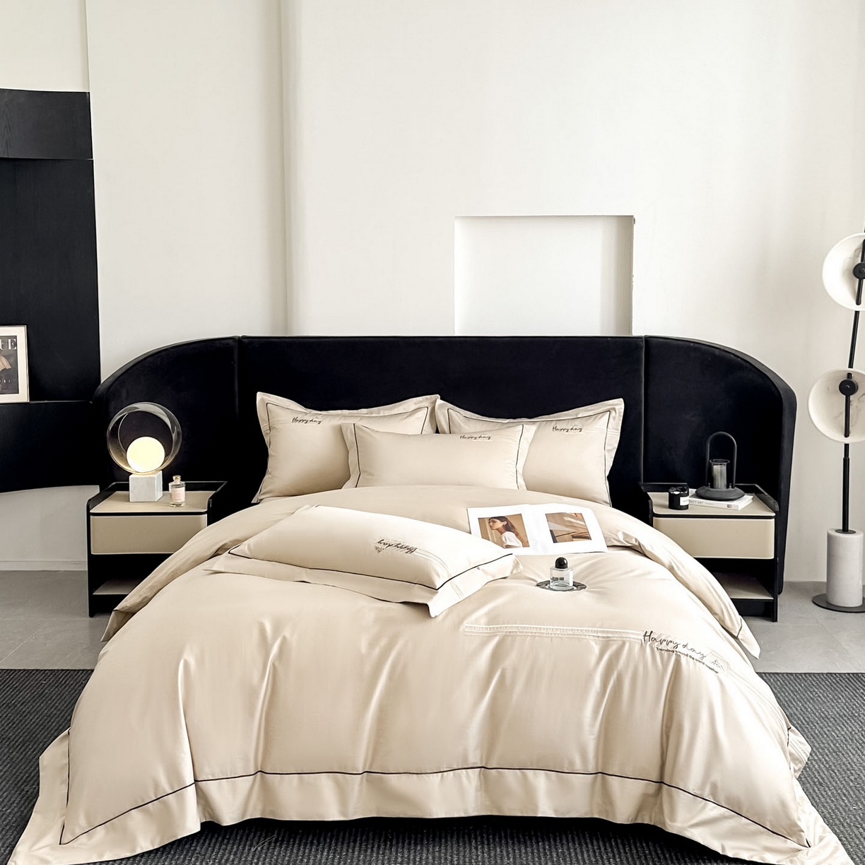 91家纺网 家纺一手货源 找家纺 新方向 2026新款刺绣全棉100s贡缎长绒棉四件套-亚瑟（严格控价.低于卖价.不给供货. 标准358元 加大378元） 亚瑟-香槟