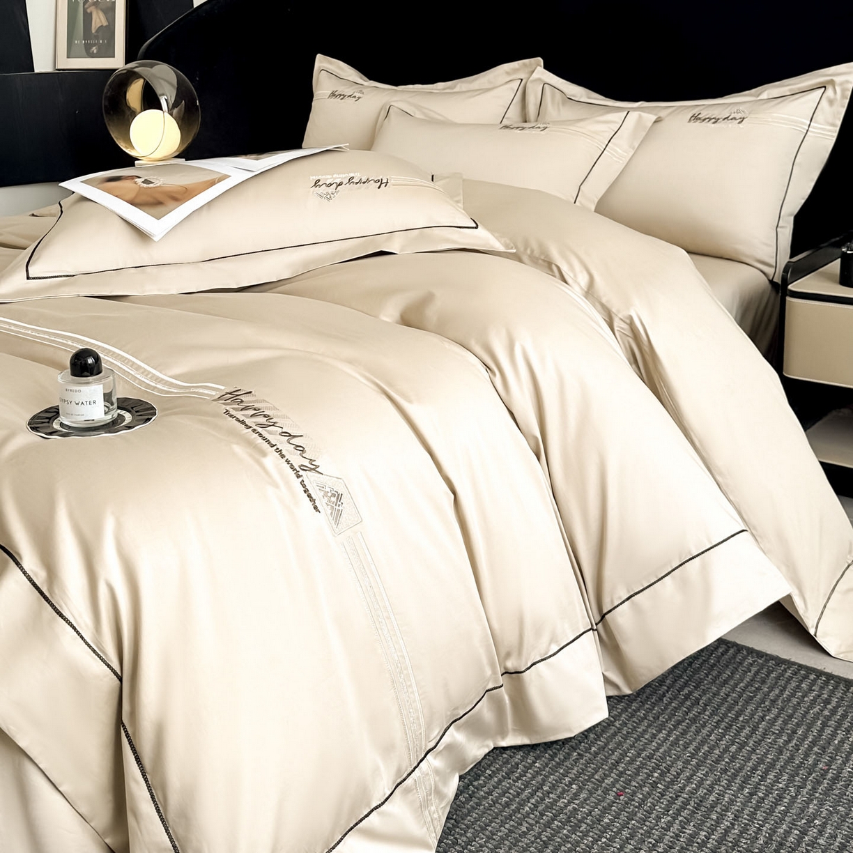 91家纺网 家纺一手货源 找家纺 新方向 2026新款刺绣全棉100s贡缎长绒棉四件套-亚瑟（严格控价.低于卖价.不给供货. 标准358元 加大378元） 亚瑟-香槟