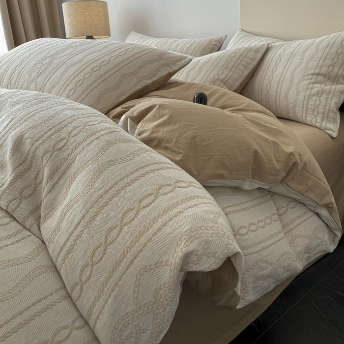 91家纺网 家纺一手货源 找家纺 ab家纺 2026新款全棉纯棉三层纱提花四件套 暖阳-咖