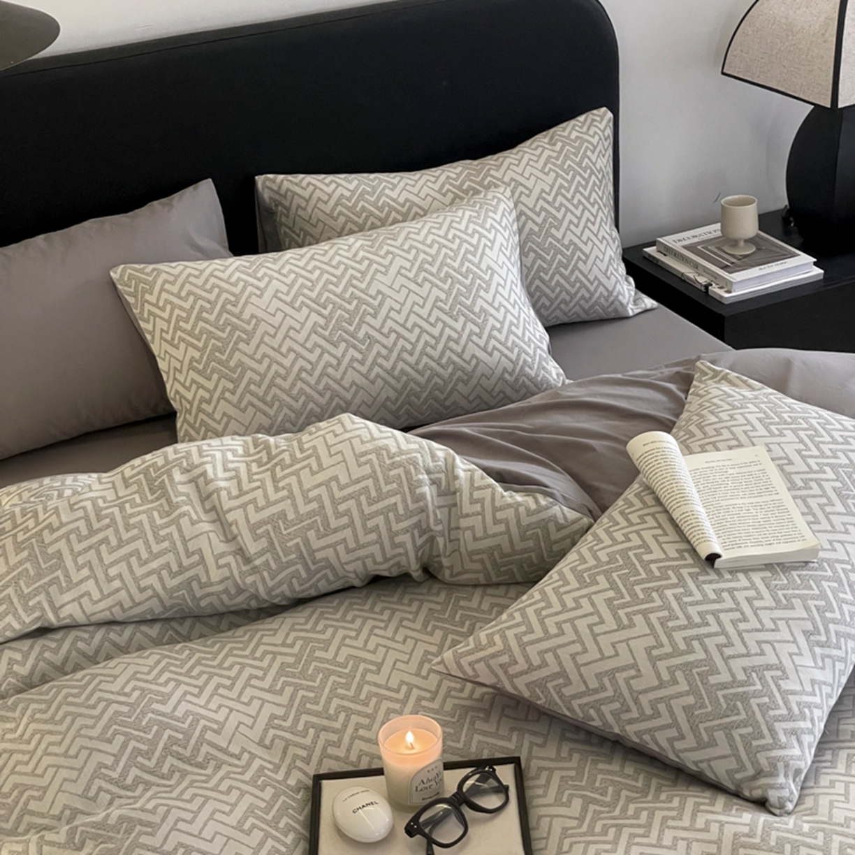 91家纺网 家纺一手货源 找家纺 ab家纺 2026新款全棉纯棉三层纱提花四件套 菱形格-灰