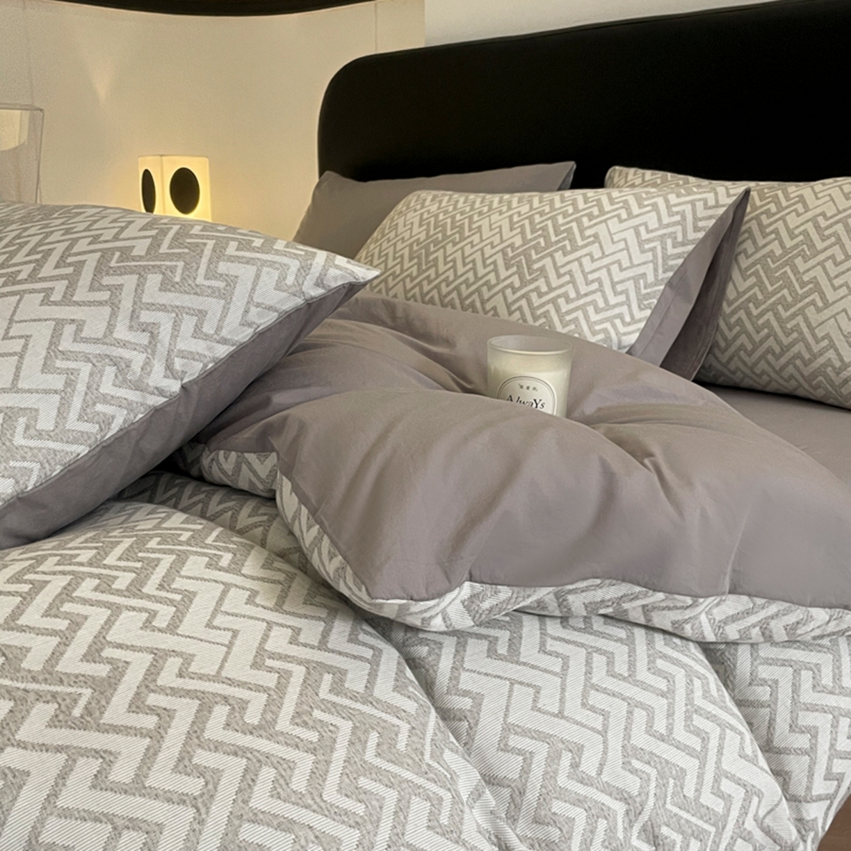 91家纺网 家纺一手货源 找家纺 ab家纺 2026新款全棉纯棉三层纱提花四件套 菱形格-灰