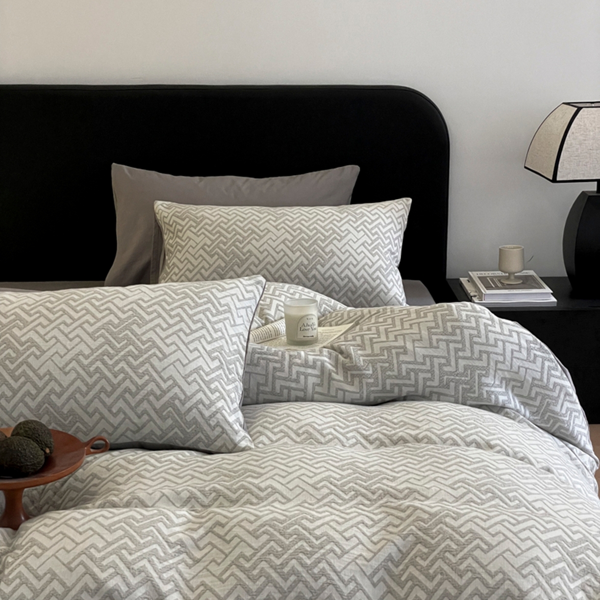 91家纺网 家纺一手货源 找家纺 ab家纺 2026新款全棉纯棉三层纱提花四件套 菱形格-灰