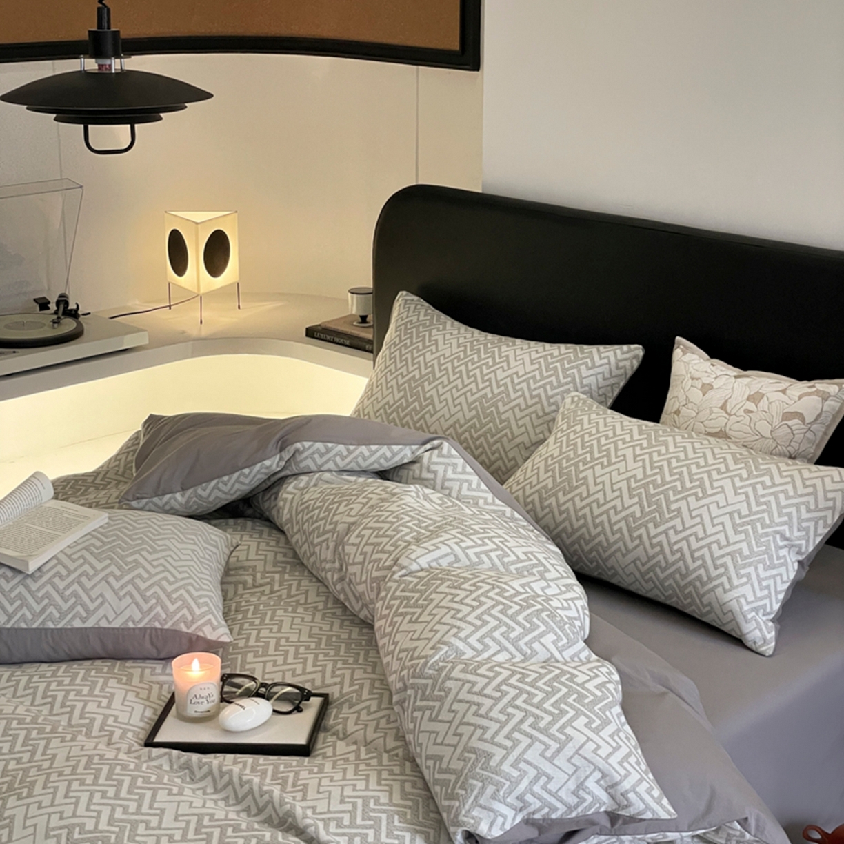 91家纺网 家纺一手货源 找家纺 ab家纺 2026新款全棉纯棉三层纱提花四件套 菱形格-灰