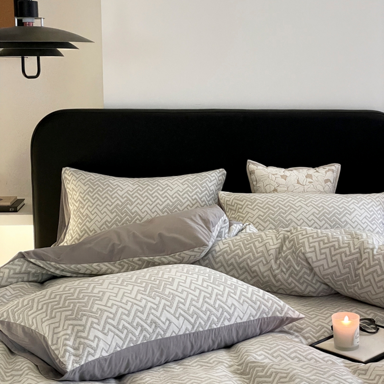 91家纺网 家纺一手货源 找家纺 ab家纺 2026新款全棉纯棉三层纱提花四件套 菱形格-灰