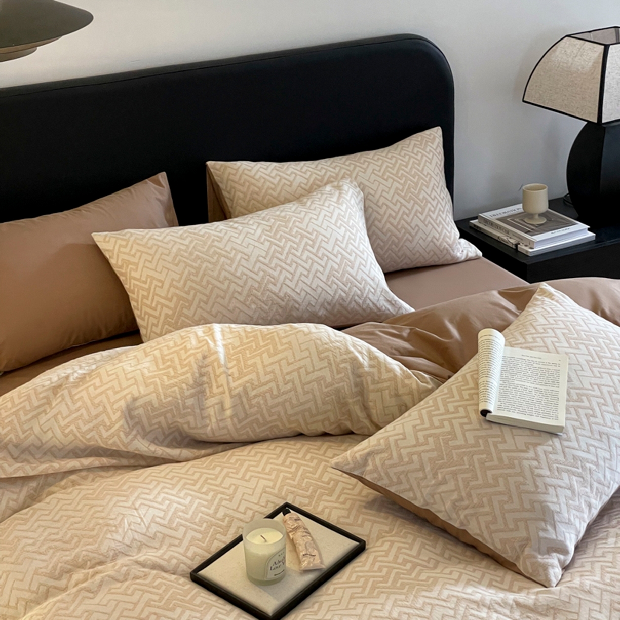 91家纺网 家纺一手货源 找家纺 ab家纺 2026新款全棉纯棉三层纱提花四件套 菱形格-米咖